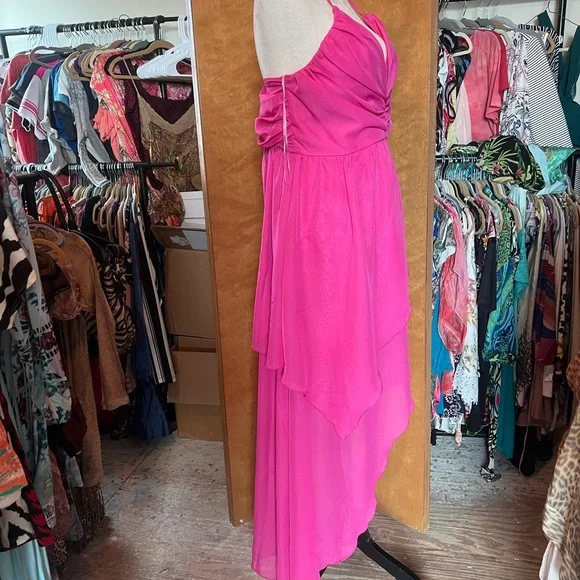 Hot Pink High-Low Ruching Spaghetti Strap Dress - Picture 3 of 3